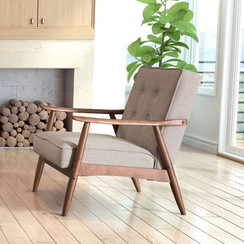 Armchair Accent Chair, Fabric, Wood, Walnut Brown, Lounge Lobby Hospitality