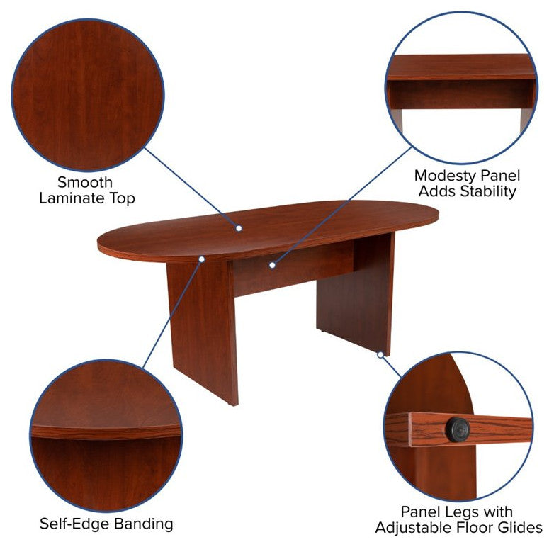 5 Piece Cherry Oval Conference Table Set with 4 Black LeatherSoft Chairs