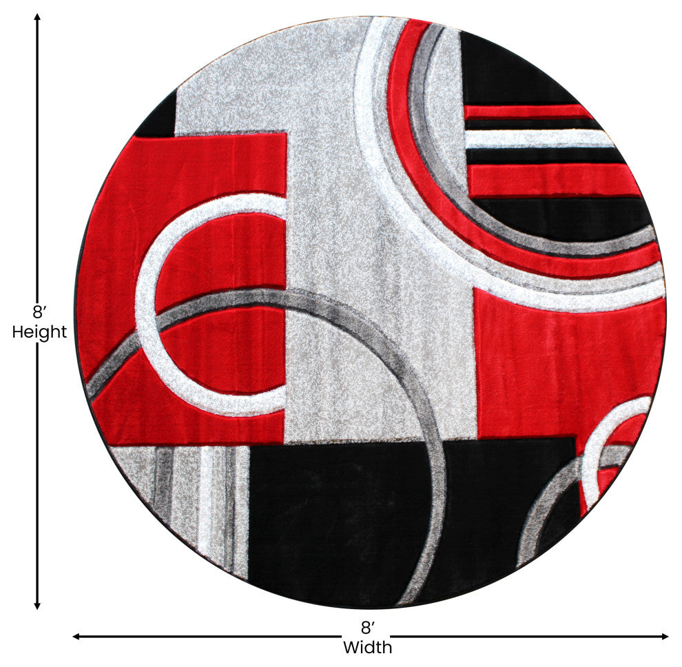 Athens Collection Round 8' x 8' Red Abstract Style Area Rug