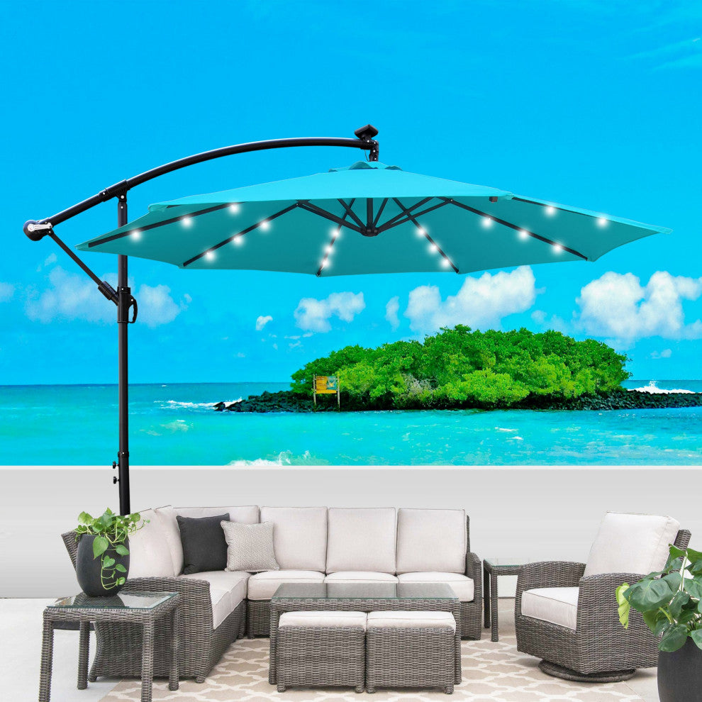 10' Steel Patio Umbrella Outdoor Market With Crank and LED Lights, Light Blue
