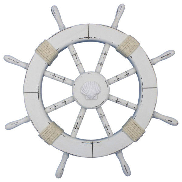 Rustic White Ship Wheel with Seashell 18'', Decorative Ship Wheel