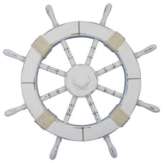 Rustic White Ship Wheel with Seashell 18'', Decorative Ship Wheel