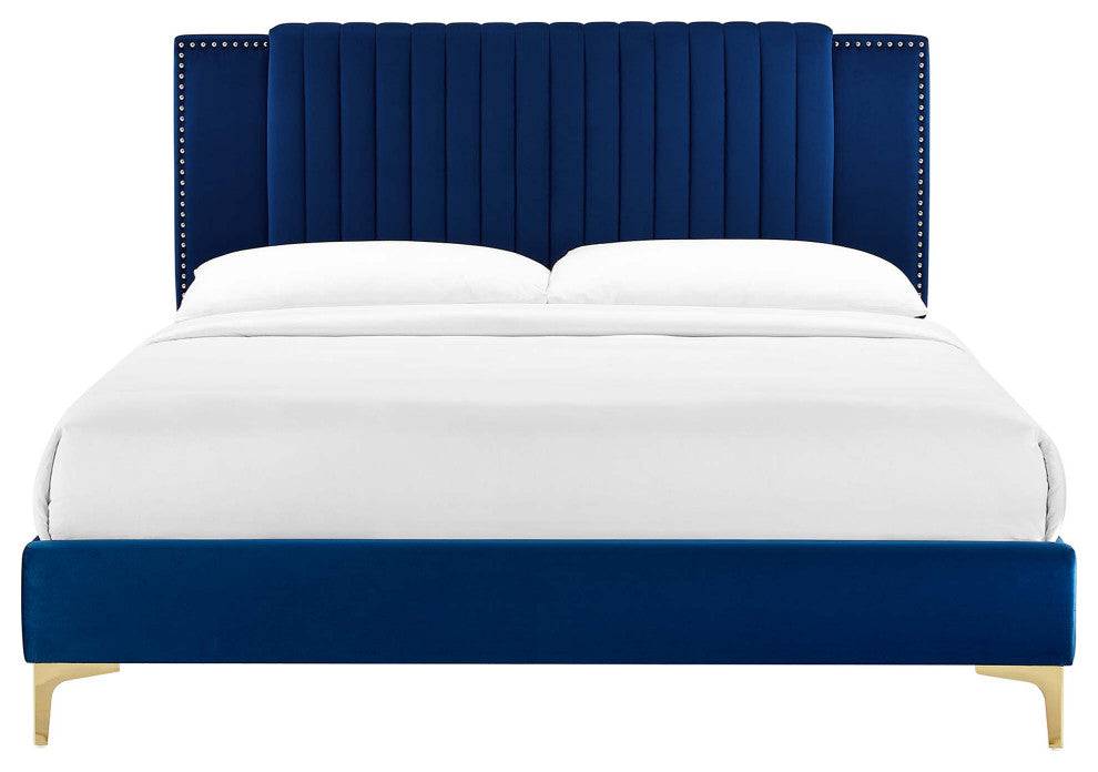 Zahra Channel Tufted Performance Velvet Queen Platform Bed, Navy