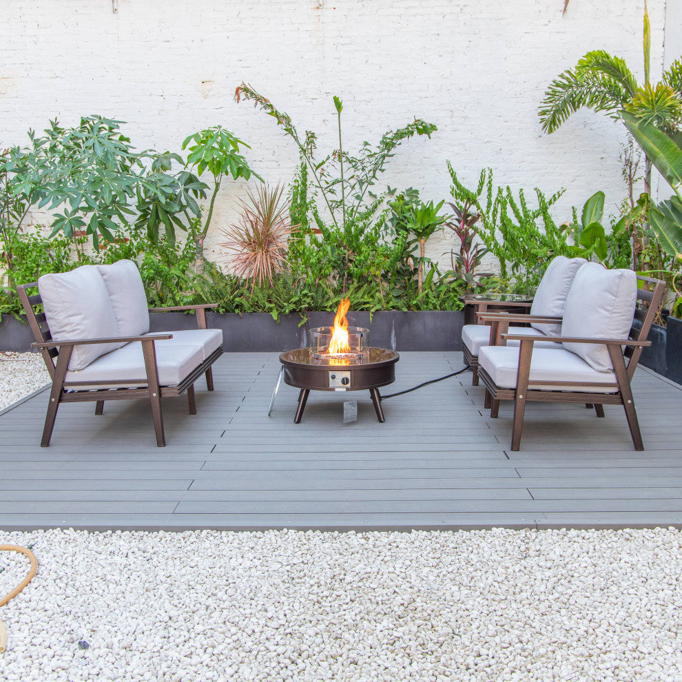 LeisureMod Walbrooke Brown Patio Sofa Set With Round Fire Pit Table, Light Grey