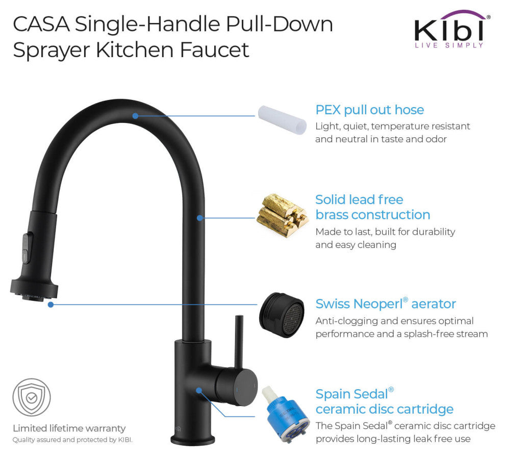 Casa Single Handle Pull Down Faucet, Matte Black, W/ Soap Dispenser