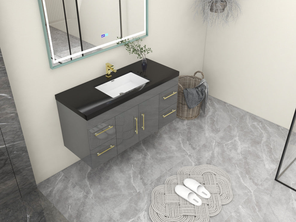 Rosa 48" Wall Mounted Modern Vanity, High Gloss Gray, Matt Black Top