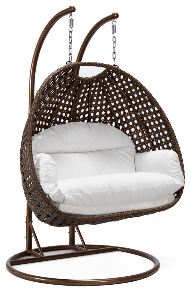 LeisureMod Mendoza Dark Brown Wicker Hanging Double Egg Swing Chair, White