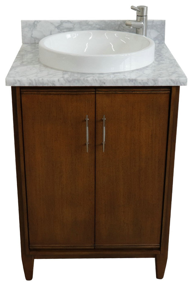 25" Single Sink Vanity, Walnut Finish, White Carrara Marble and Round Sink