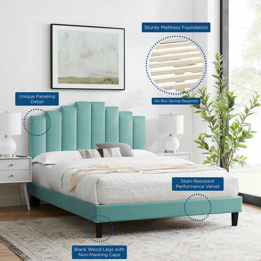 Platform Bed Frame, Twin Size, Velvet, Blue, Modern Contemporary, Bedroom Master