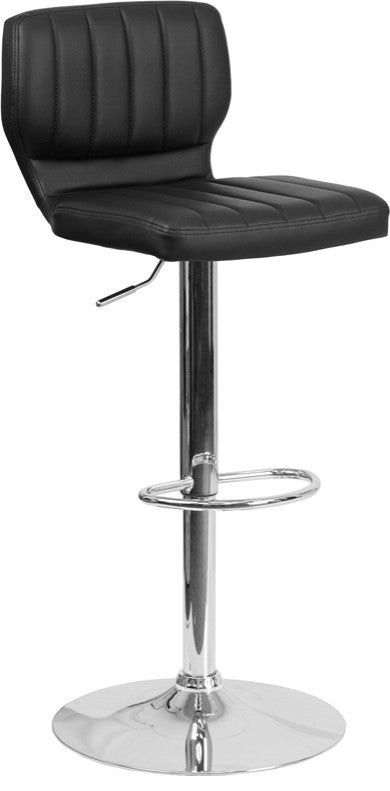 Black Vinyl Adjustable Height Barstool, Vertical Stitch Back, Chrome Base