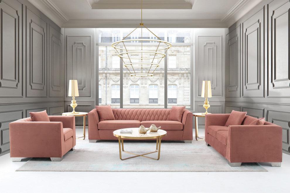 Cambridge Contemporary Sofa, Brushed Stainless Steel and Blush Velvet