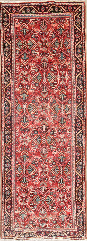 Consigned, Handmade Persian Traditional Oriental 9 ft Vintage Rug, Red, 3'x9'