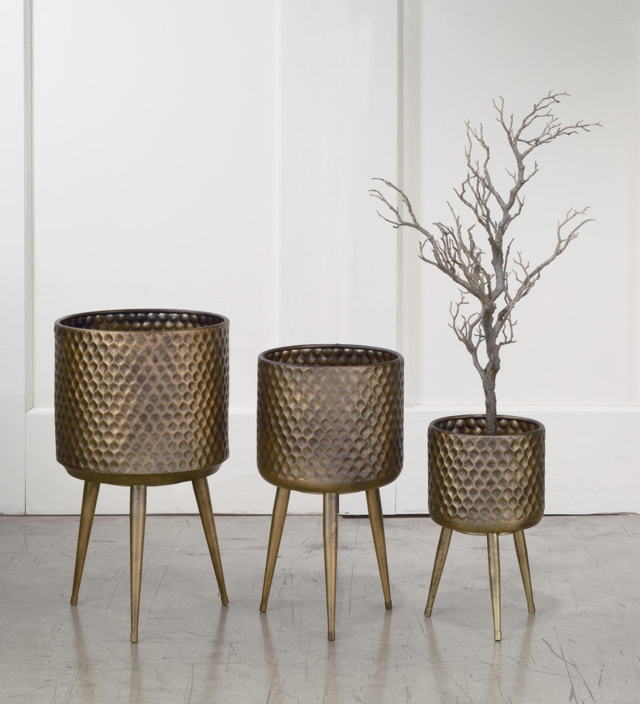 Textured Metal Bins/Plant Buckets, Set of 3, Burnished Gold