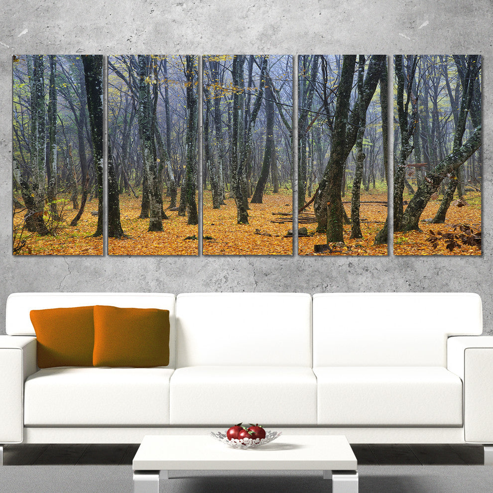 Dark Woods in Autumn Forest, Modern Forest Canvas Art, 60"x28", 5 Panels