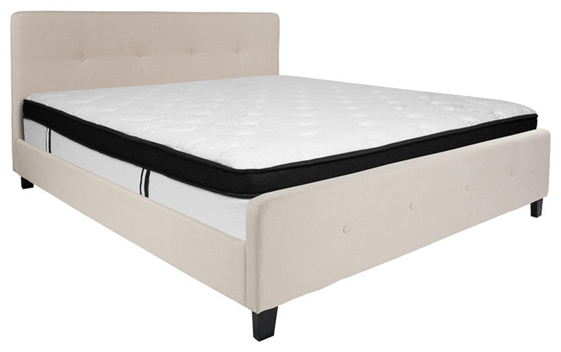 King Size Tufted Upholstered Platform Bed Beige Fabric with Memory Foam Mattress