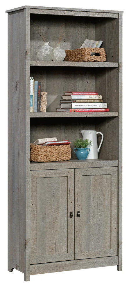 Cottage Bookcase, 3 Open Shelves & Cabinet Doors With Framed Accent, Mystic Oak