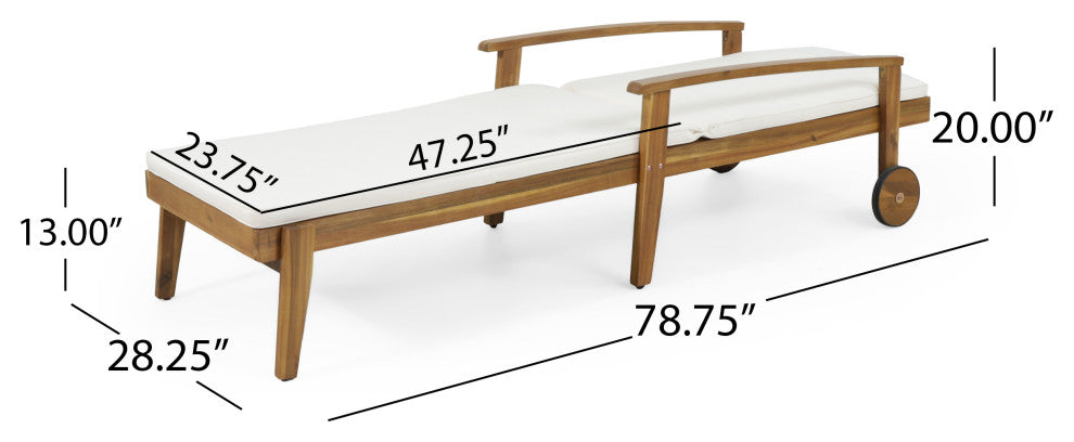 Lucknow Outdoor Acacia Wood Chaise Lounge with Water Resistant Cushion, Set of 2, Cream + Teak