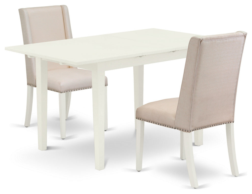 3Pc Dinette Set, Chairs, Butterfly Leaf Wood Table, Linen White