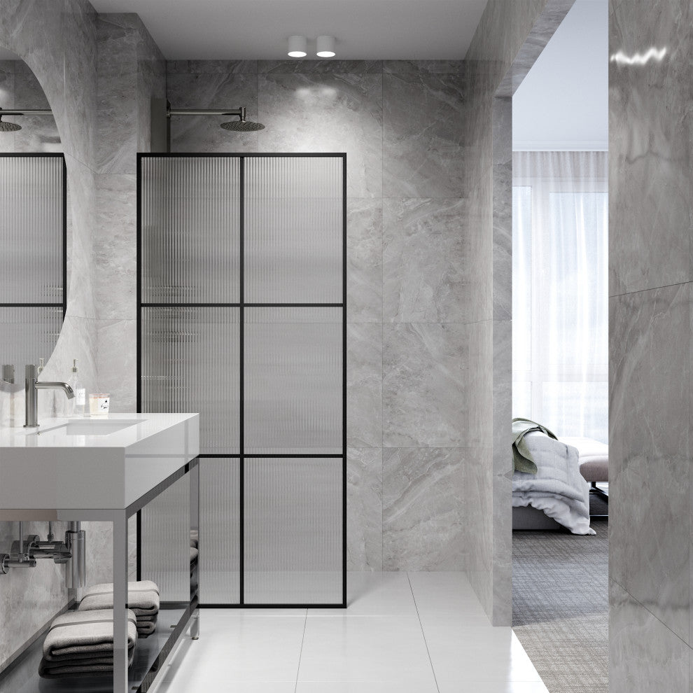 VIGO Ventana 34" W x 74"H Framed Fixed Shower Screen, Matte Black, Fluted Glass