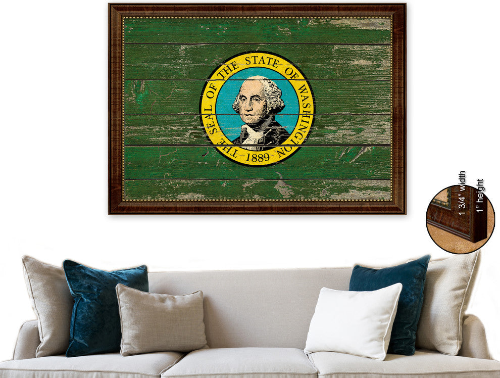 Washington State Vintage Flag Print With Brown Gold Frame, 23"X33"