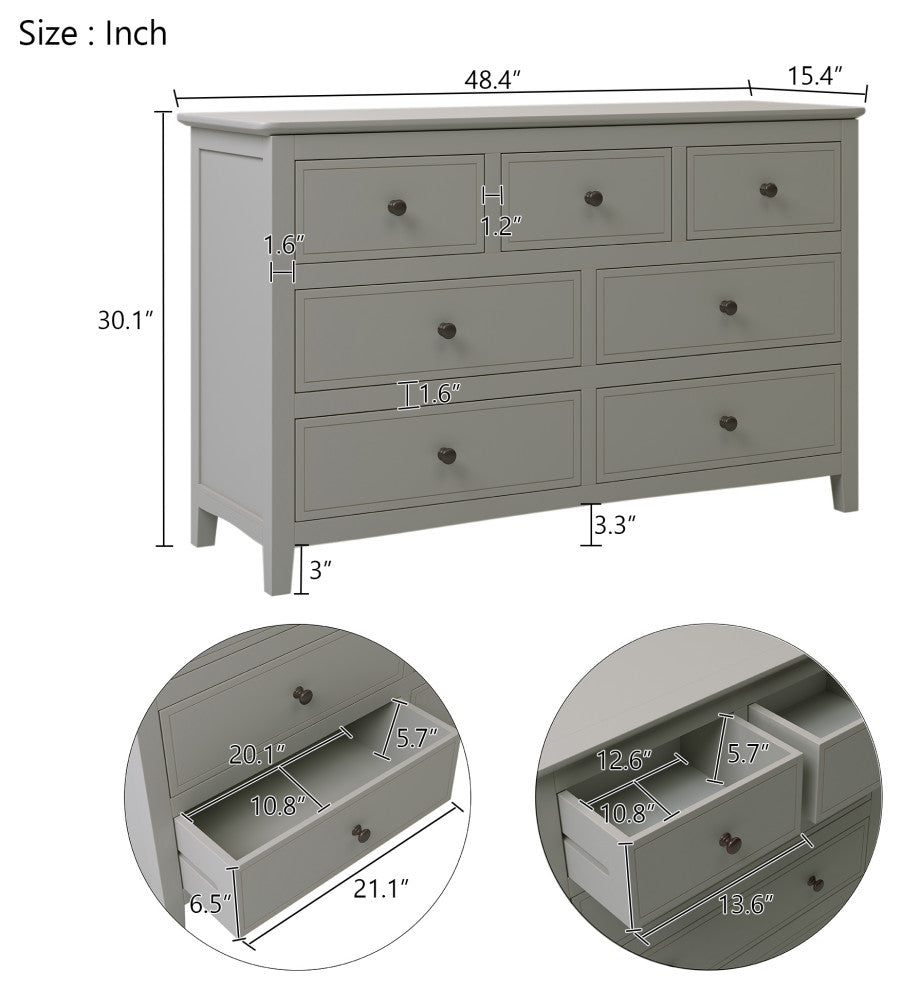 7-Drawer 48" W Solid Wood Dresser, Gray