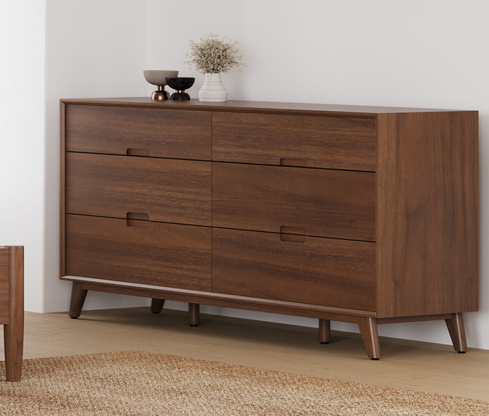 Modern Double Dresser With Groove Handles, Walnut Stain
