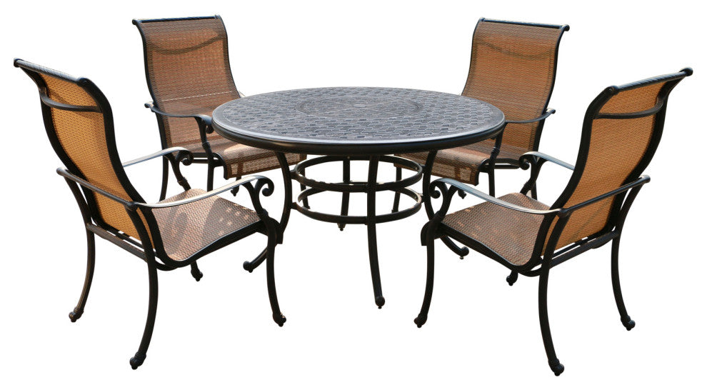 5-Piece Aged Bronze Aluminum Round Dining Set With 4 Sling Chairs, Dark Lava Bronze