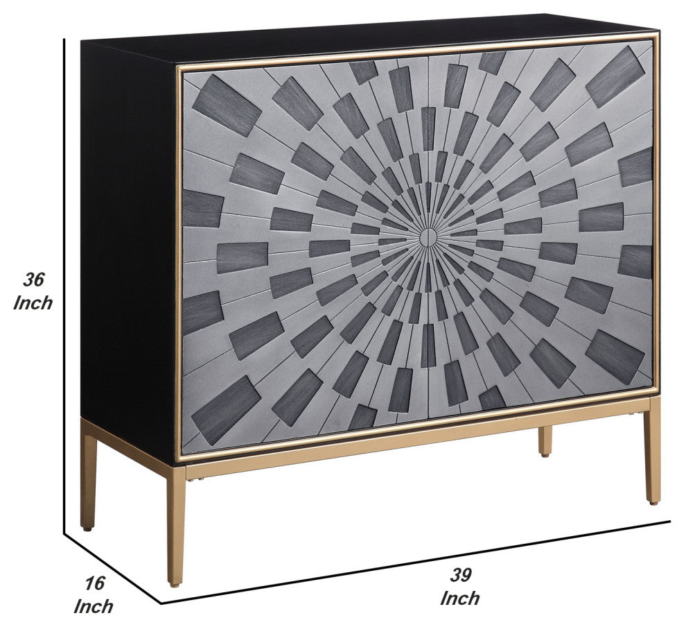 Benzara BM251338 Console Table With 2 Doors and Sunburst Design, Gray