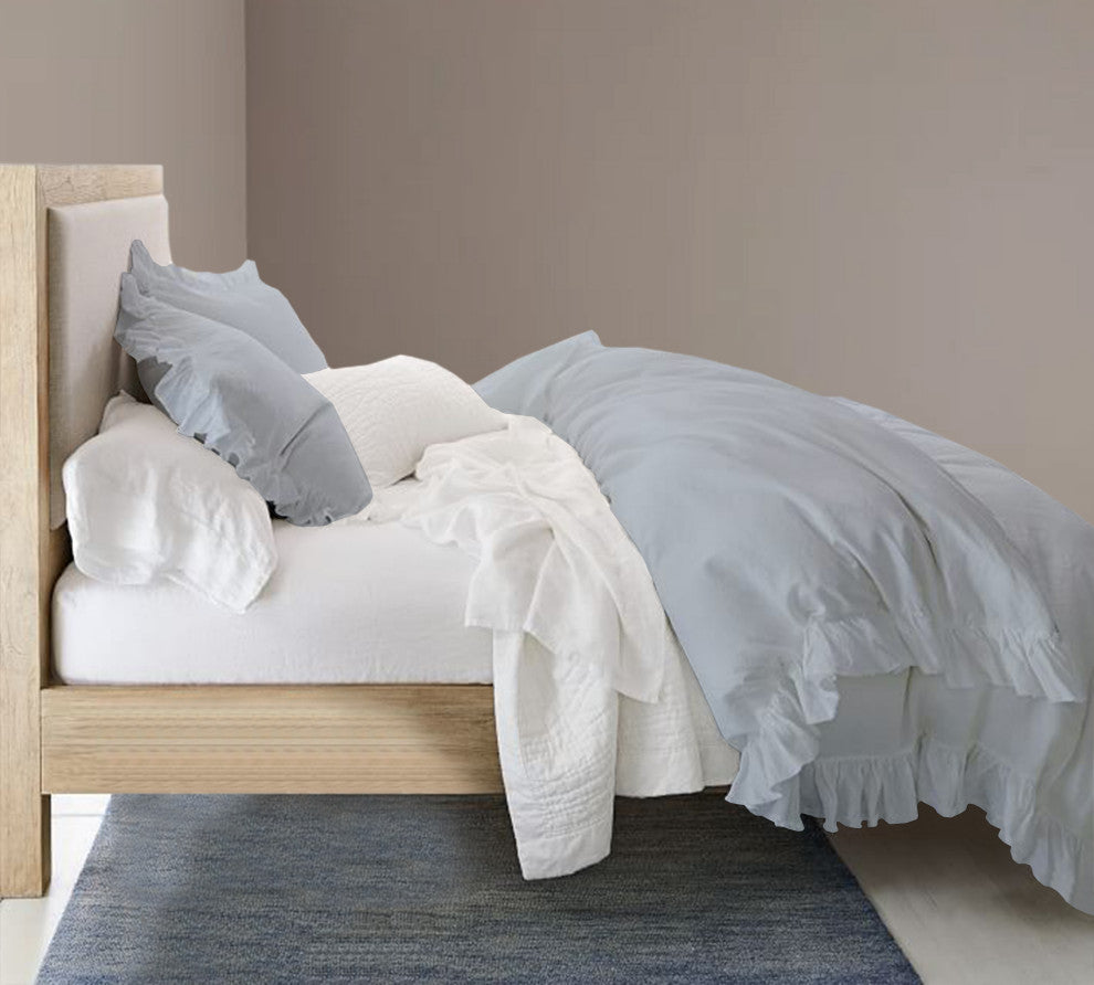 Organic Cotton 300 TC GOTS Certified 8 Internal Ties Ruffled Duvet Set, Light Blue, Queen(88"x92")