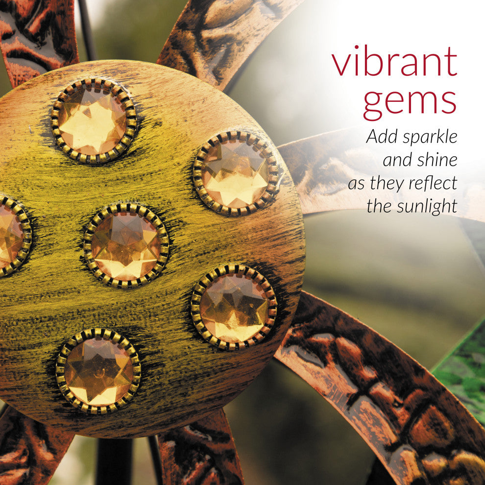 64" Tall Floral Windmill Stake with Jeweled Kinetic Spinner, Green and Orange