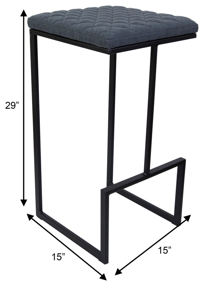 Quincy Square Barstool with Leather Seats and Metal Frame with Footrest, Peacock Blue