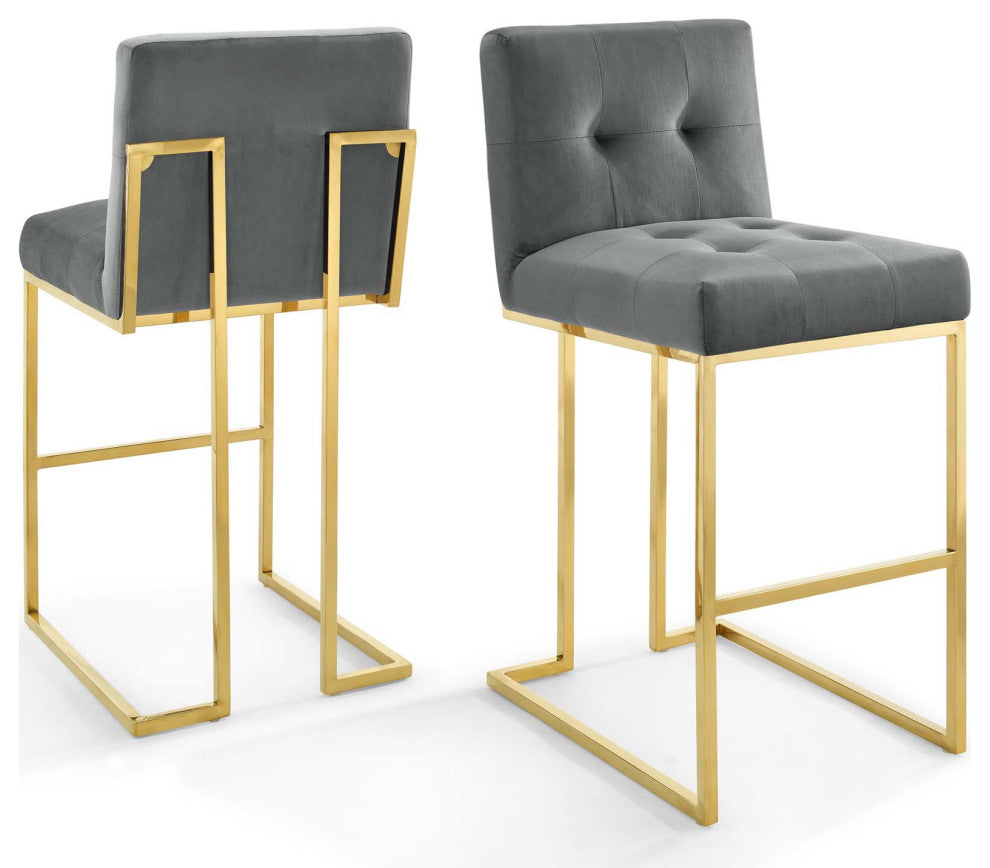 Bar Stool Chair Barstool, Set of 2, Velvet, Gold Gray, Bar Pub Cafe Bistro