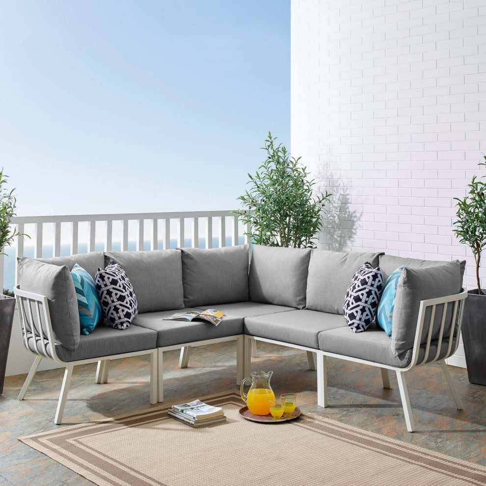 Lounge Sectional Sofa Chair Set, Aluminum, Metal, White Gray, Outdoor