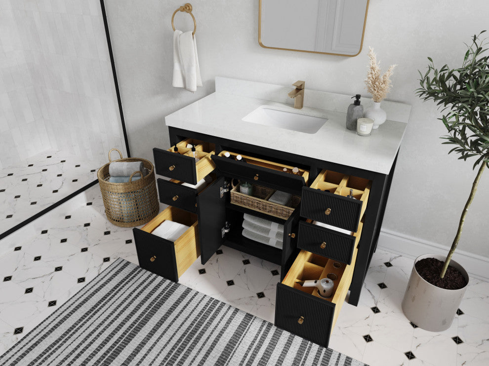 Sonoma 48 Single Sink Reeded Bath Vanity in Black 2" Calacatta Nuvo