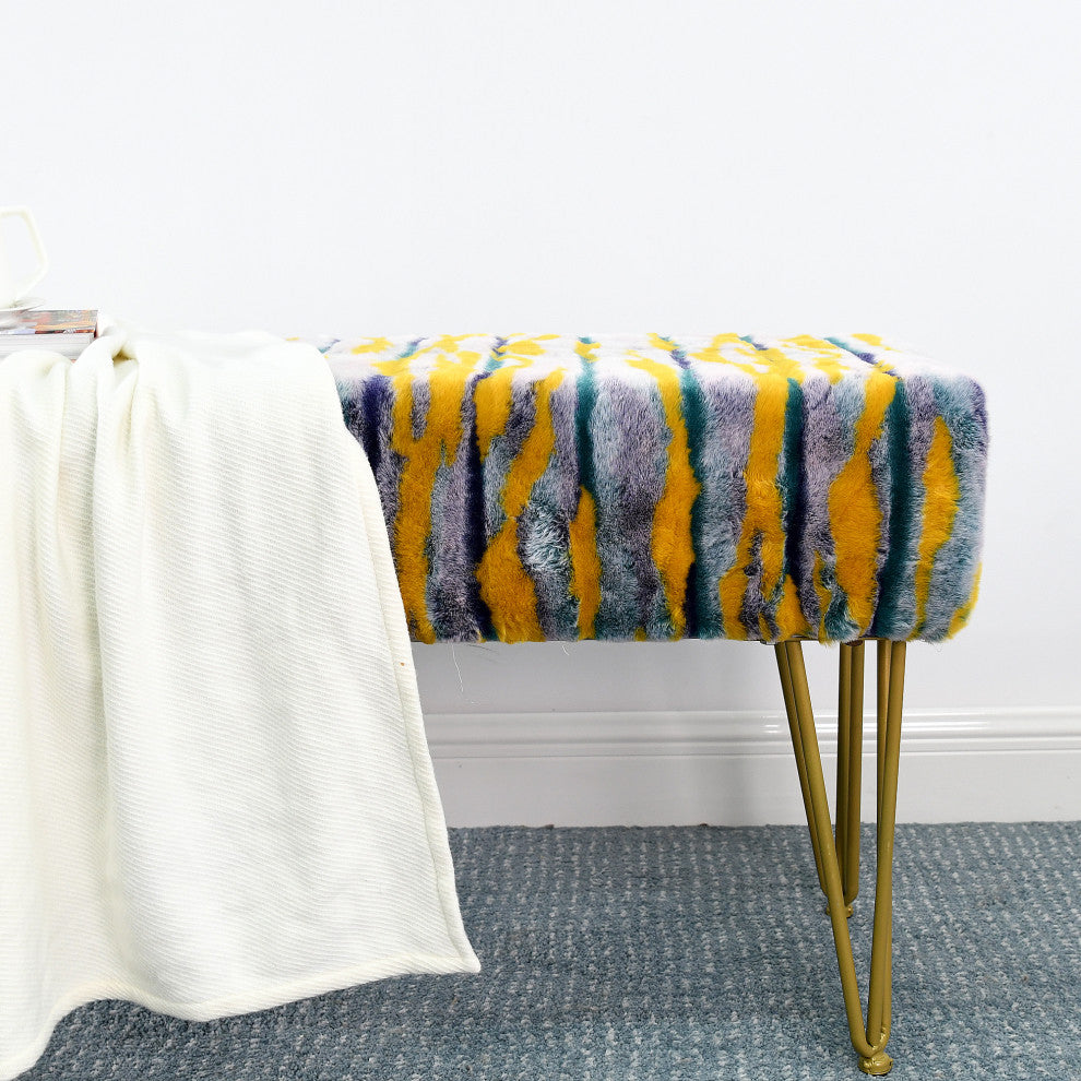 Multi Jacquard Faux Fur Ottoman, Teal, 46"x16"x7"