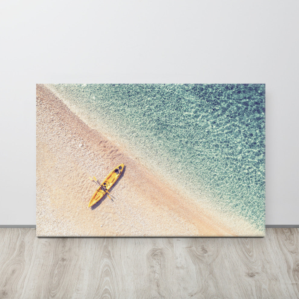 Yellow Canoe and Blue Sea by with Soft Violet Effect Canvas Wall Art Prints, 24" X 36"