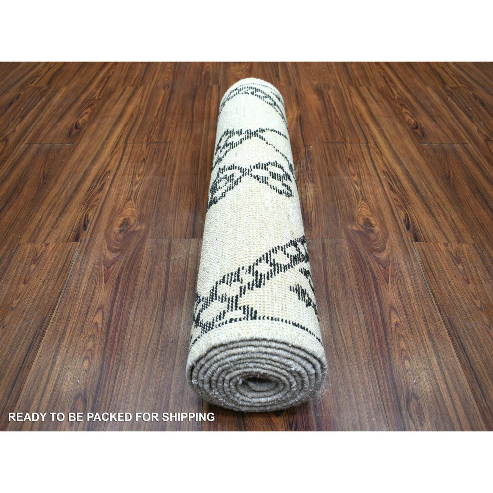 Ivory Hand Knotted Moroccan Berber Soft and Shiny Wool Runner Rug, 2'10"x11'4"