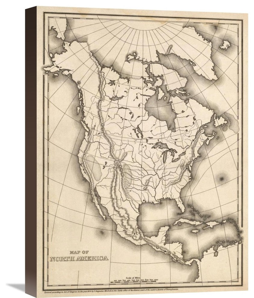"Map of North America, 1839" Canvas Giclee by Samuel Augustus Mitchell, 17"x22"