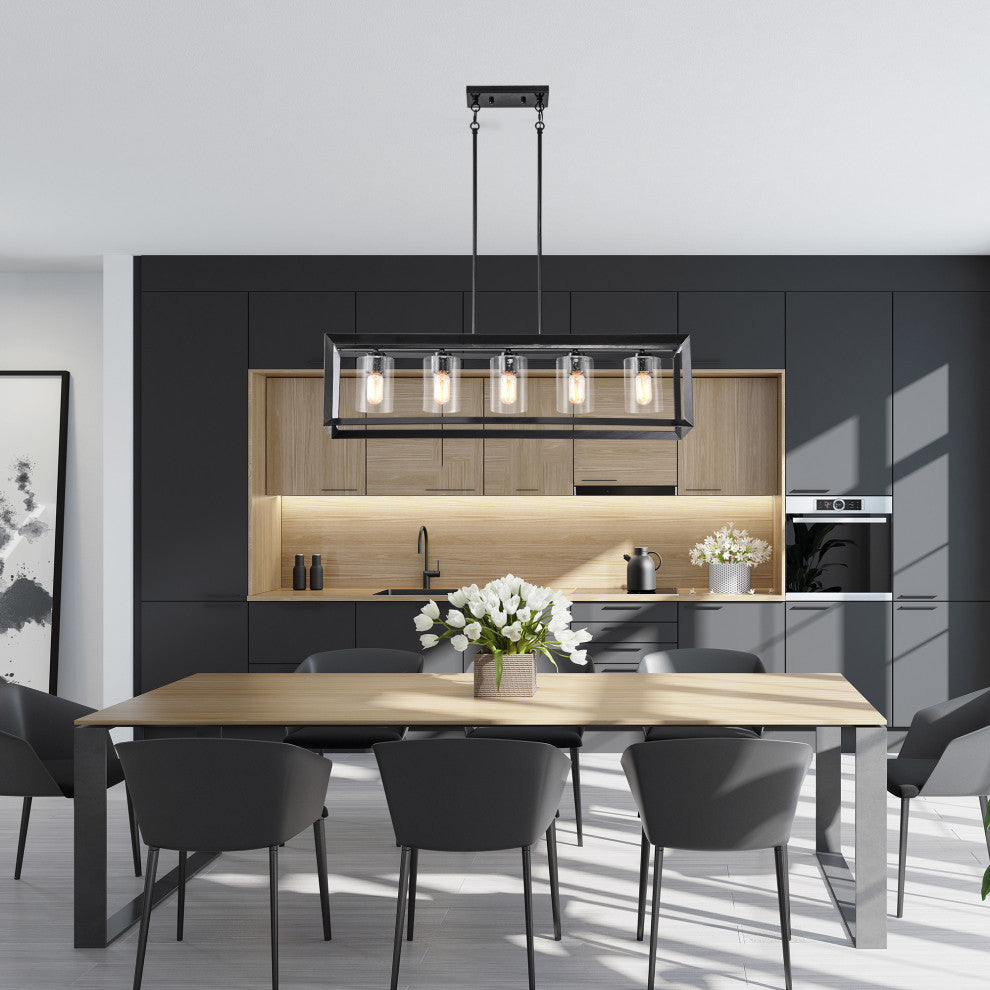5-Light Antique Black Rectangular Kitchen Island Chandelier With Glass Shades