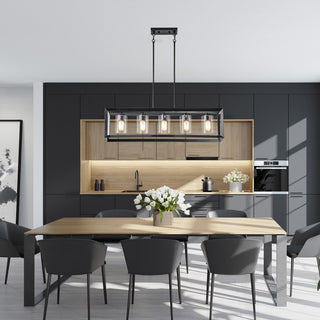 5-Light Antique Black Rectangular Kitchen Island Chandelier With Glass Shades