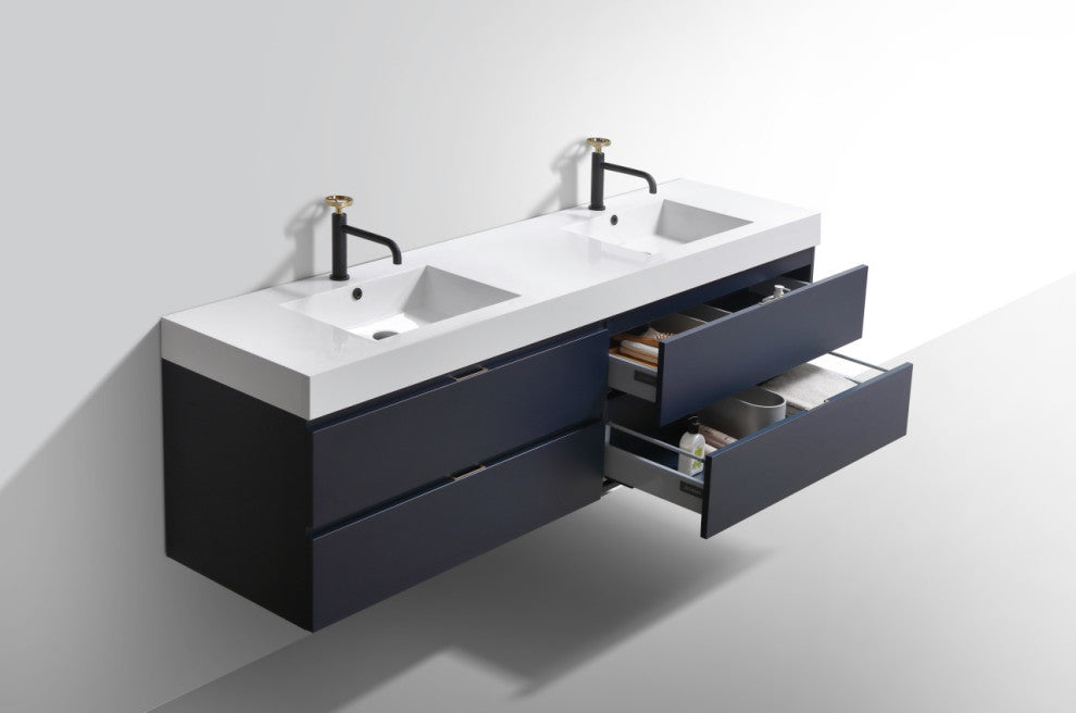Bliss 72" Double Sink Blue Wall Mount Modern Bathroom Vanity