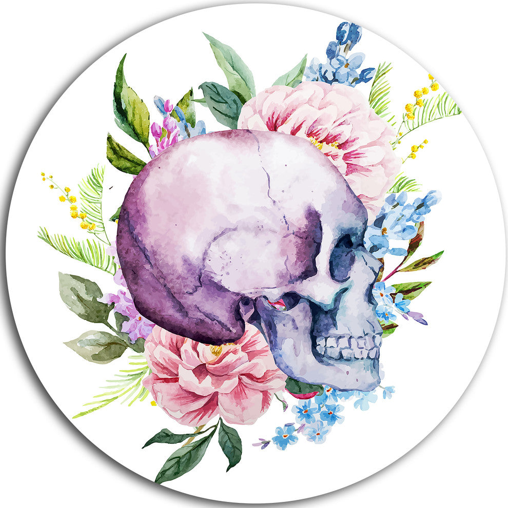 Skull With Flower Borders, Digital Floral Large Disc Metal Artwork, 23"