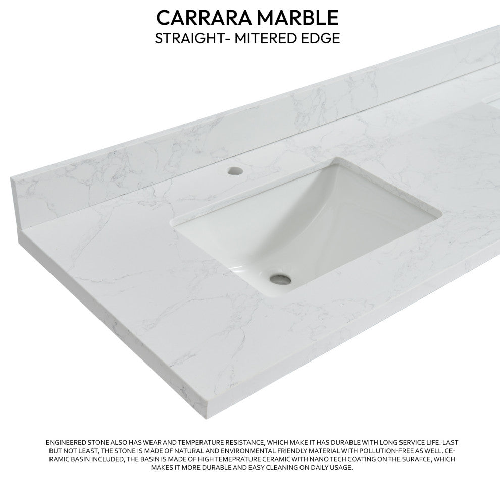 Malaga Composite Stone Vanity Top With Ceramic Sink, Grain White, 73"