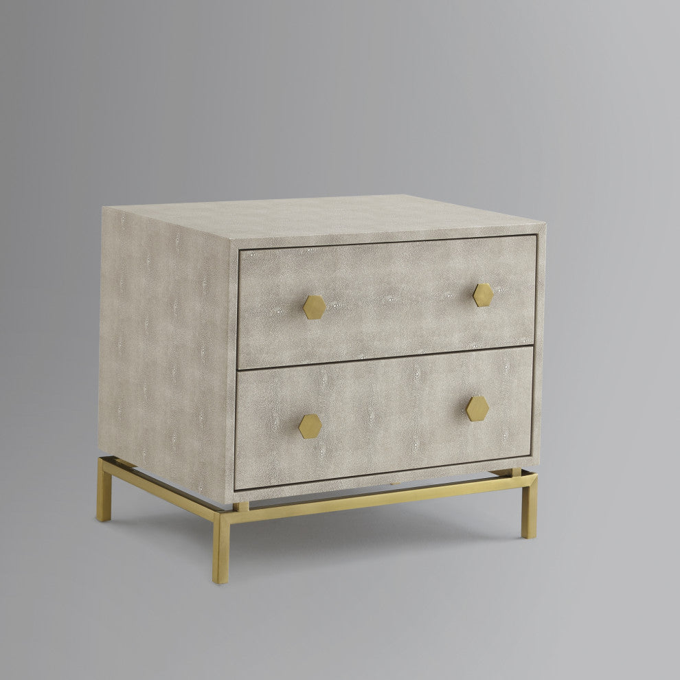 Nicole Miller Aharon Side Table, 2 Drawers, Faux Shagreen, Cream White/Gold