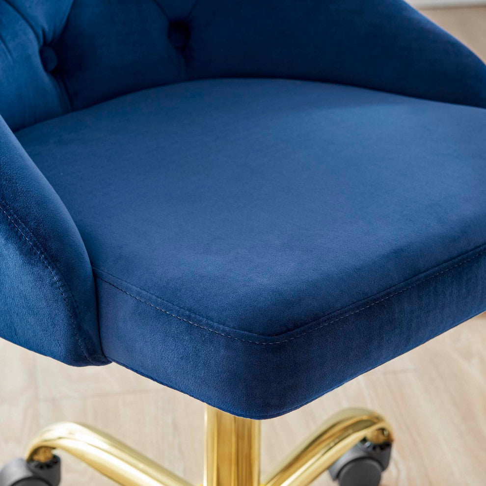 Computer Desk Swivel Tufted Chair, Velvet, Gold Blue Navy, Modern, Home Office