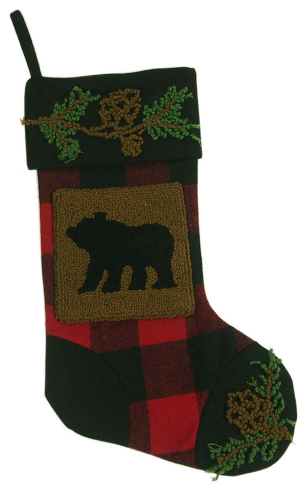 Set of 2 Plaid Stocking With Rug Hooked, Bear
