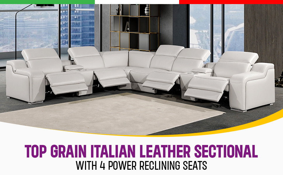 Marco-8-Piece, 4-Power Reclining Italian Leather Sectional, Light Gray