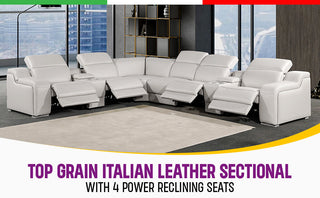 Marco-8-Piece, 4-Power Reclining Italian Leather Sectional, Light Gray