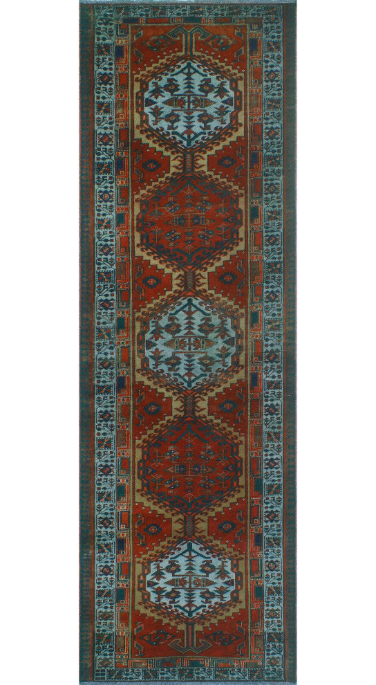 Fine Vintage Distressed Janny Red/Light Blue Runner, 3'3x10'7