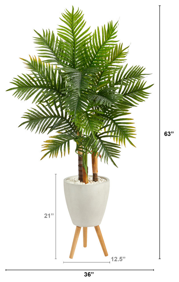 63" Areca Artificial Palm Tree, White Planter With Stand, Real Touch